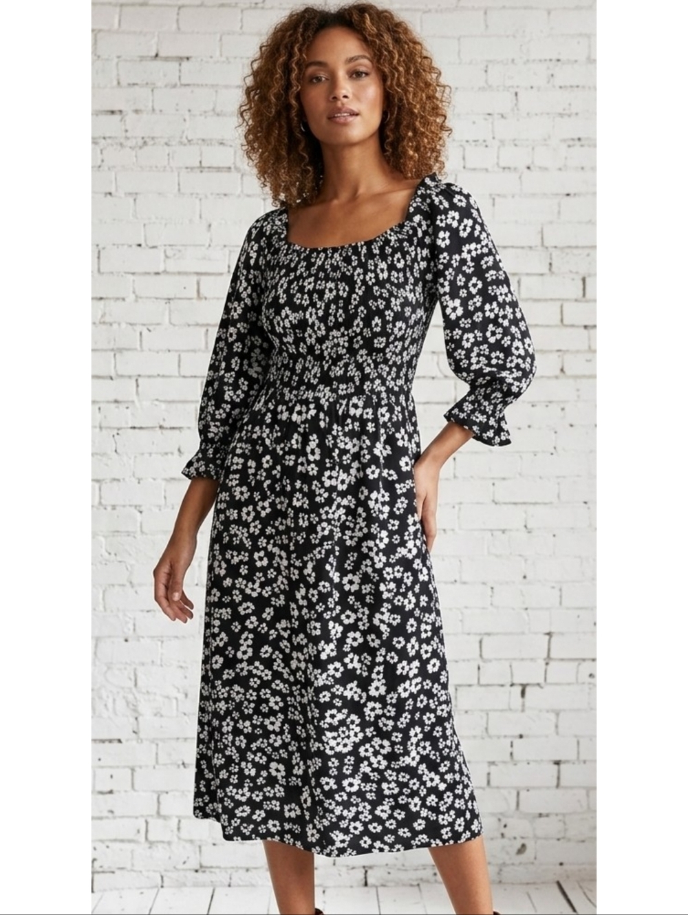Who What Wear Floral Smocked Midi Dress Black & White Size S